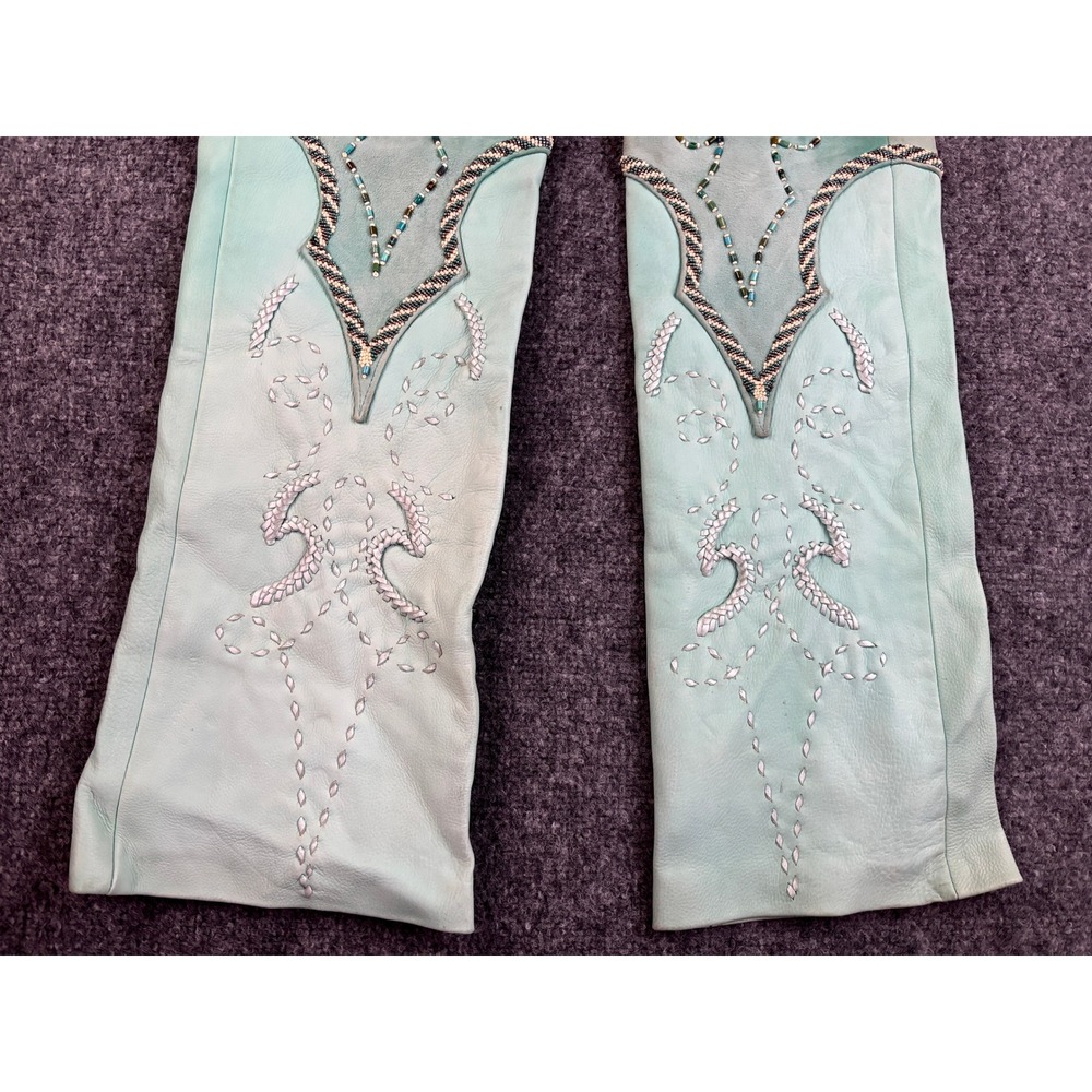 Vintage Western Suede Leather Pants Beaded Lace Up Turquoise OOAK Couture Rare - Picture 12 of 16